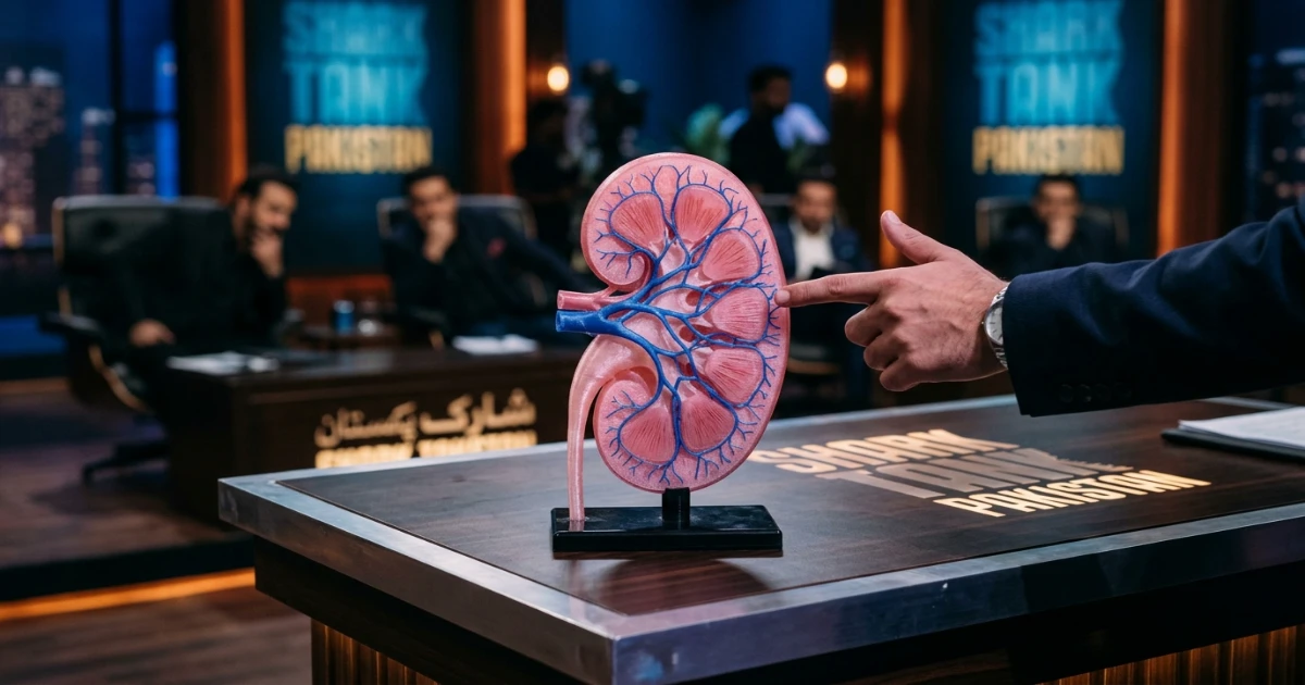 Markhor 3D founders demonstrating a 3D printed human heart model during their Shark Tank Pakistan pitch