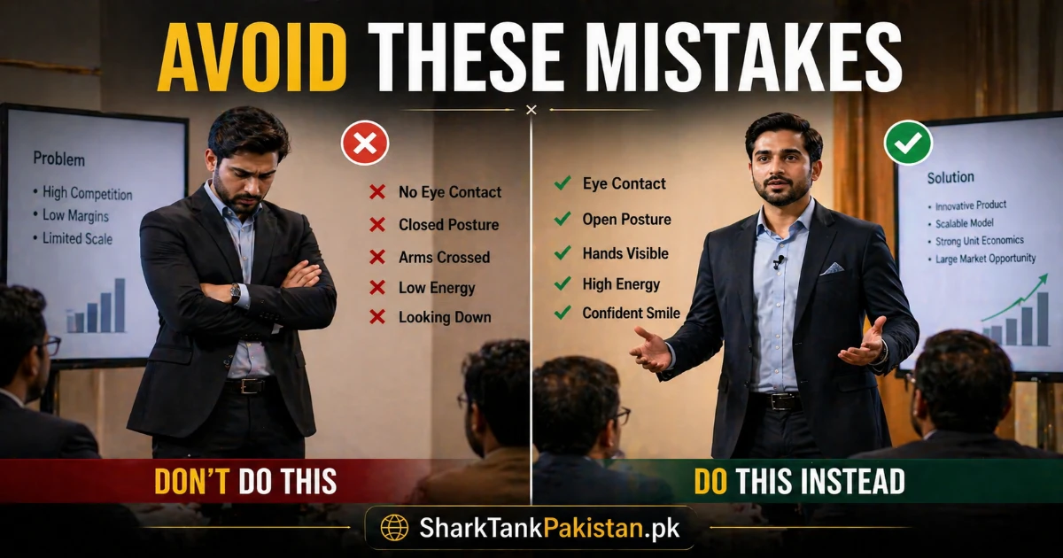 Common body language mistakes in Pakistan startup pitches including folded arms and avoiding eye contact