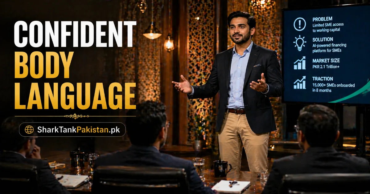 Confident Pakistani founder demonstrating open body language pitching Pakistan startup to investors