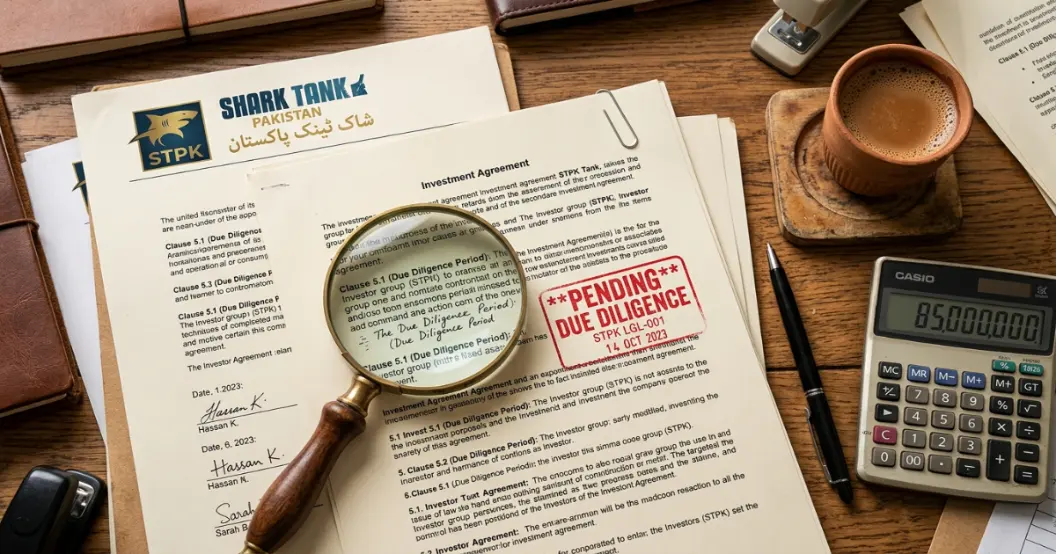 Close-up of legal documents and a calculator referencing Shark Tank Pakistan due diligence