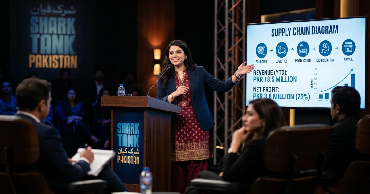 Entrepreneur presenting pitch in Shark Tank Pakistan Episode 1 with presentation screen