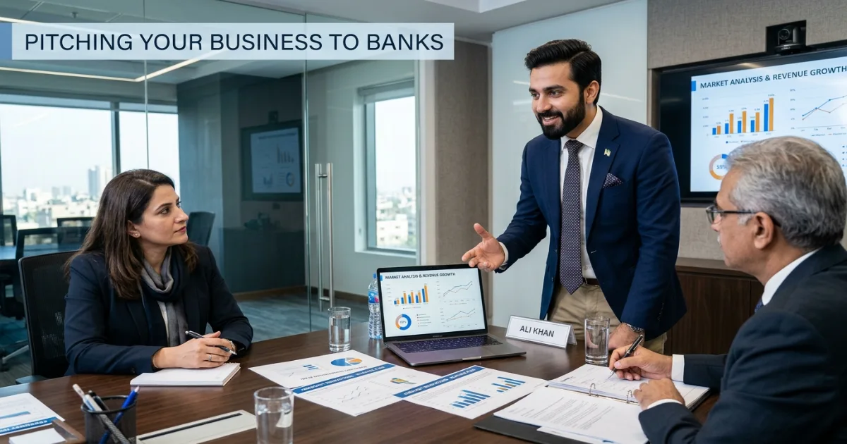 Pakistani SME owner discussing government funding options with bank relationship manager