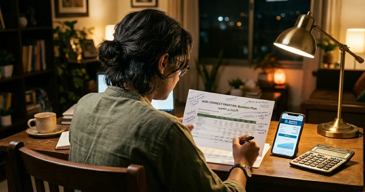 Pakistani edtech founder reviewing business plan with valuation notes and a cup of chai