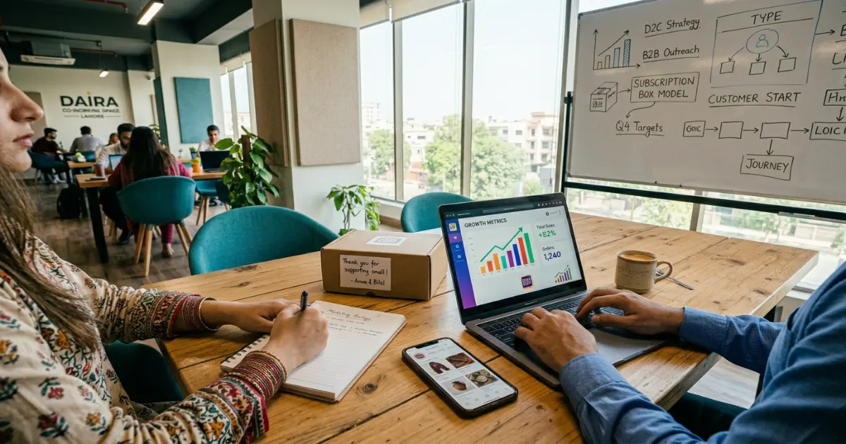 Two Pakistani entrepreneurs sitting at a table with laptop discussing e-commerce business model on a whiteboard