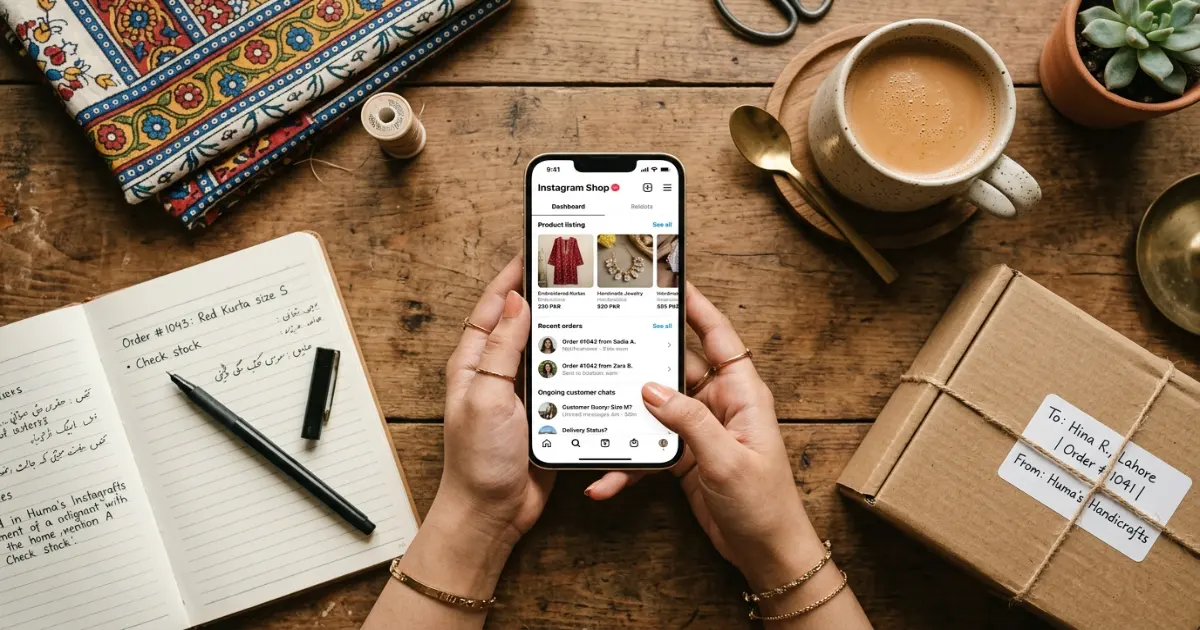 Smartphone showing Instagram shop dashboard with product listings and order management for Pakistani social commerce startup
