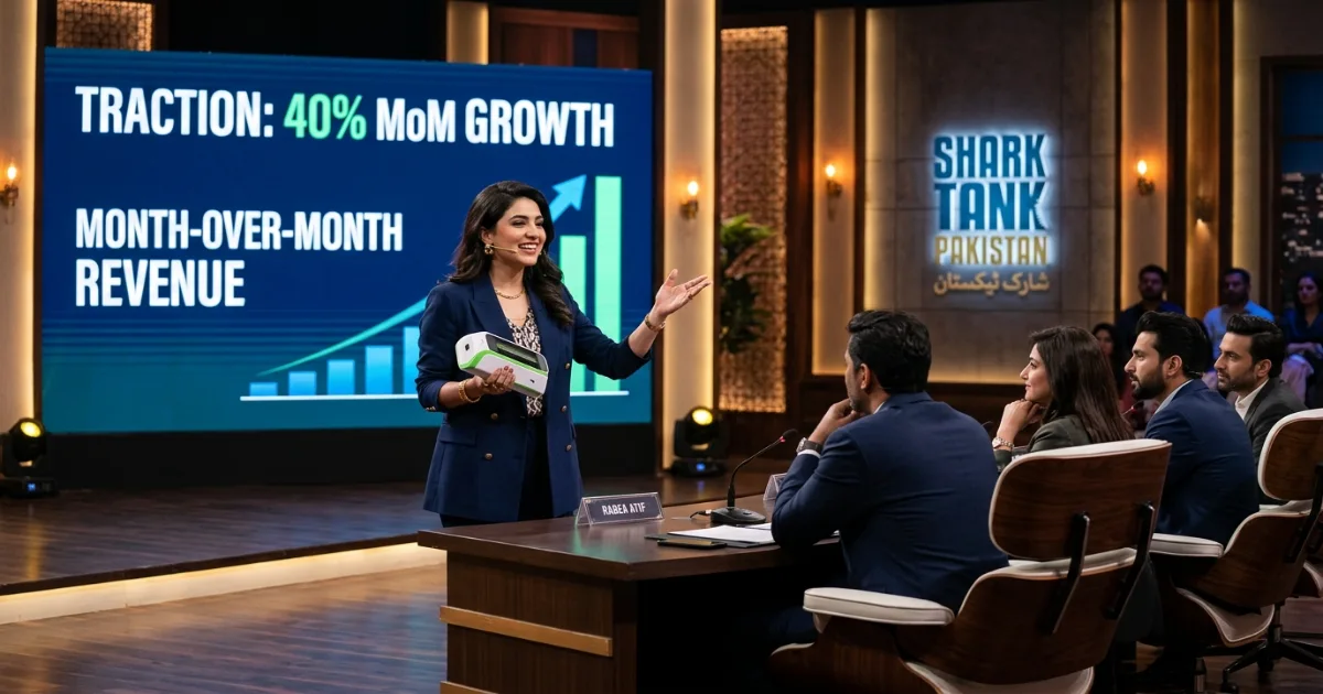 Pakistani founder pitching a scalable tech startup on Shark Tank Pakistan stage after transitioning from freelancing