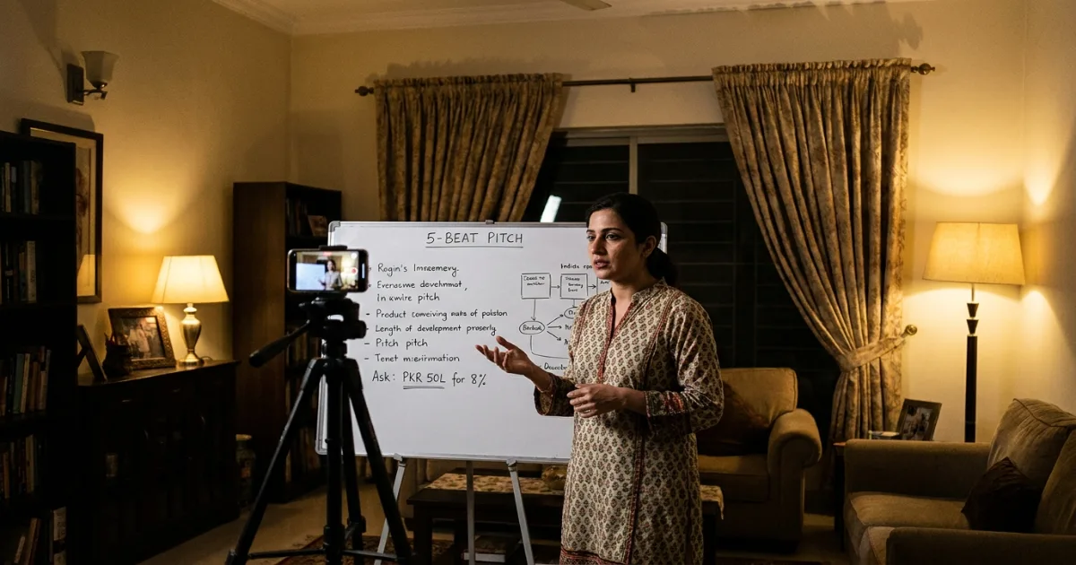 Founders rehearsing Shark Tank Pakistan pitch template script in living room