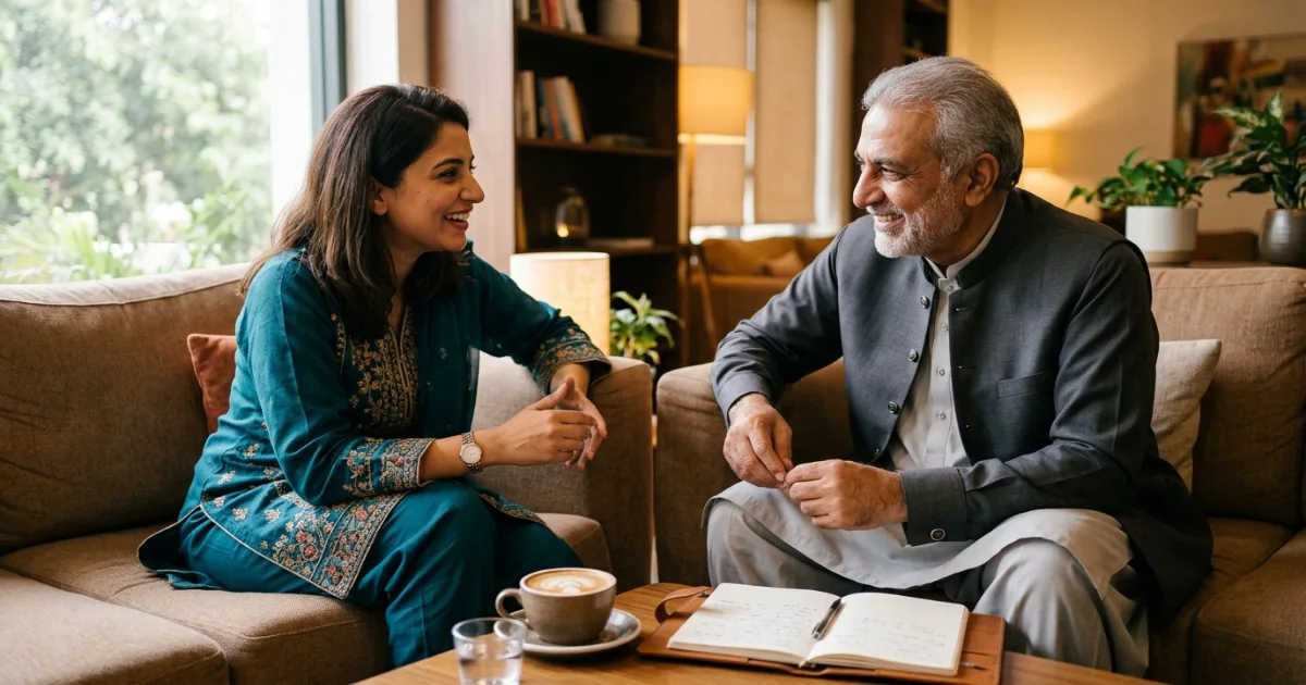 Pakistani founder and investor in a collaborative follow-up meeting after initial pitch — building long-term trust