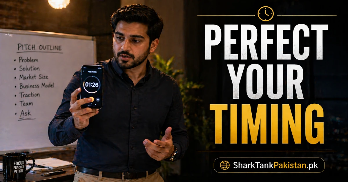 Pakistani startup founder practicing pitch with a countdown timer app on a smartphone, refining timing and content