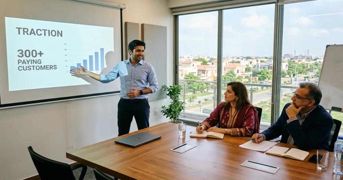 Pakistani startup founder presenting pitch deck to angel investors in a Lahore meeting room — the reality of raising early-stage funding in Pakistan