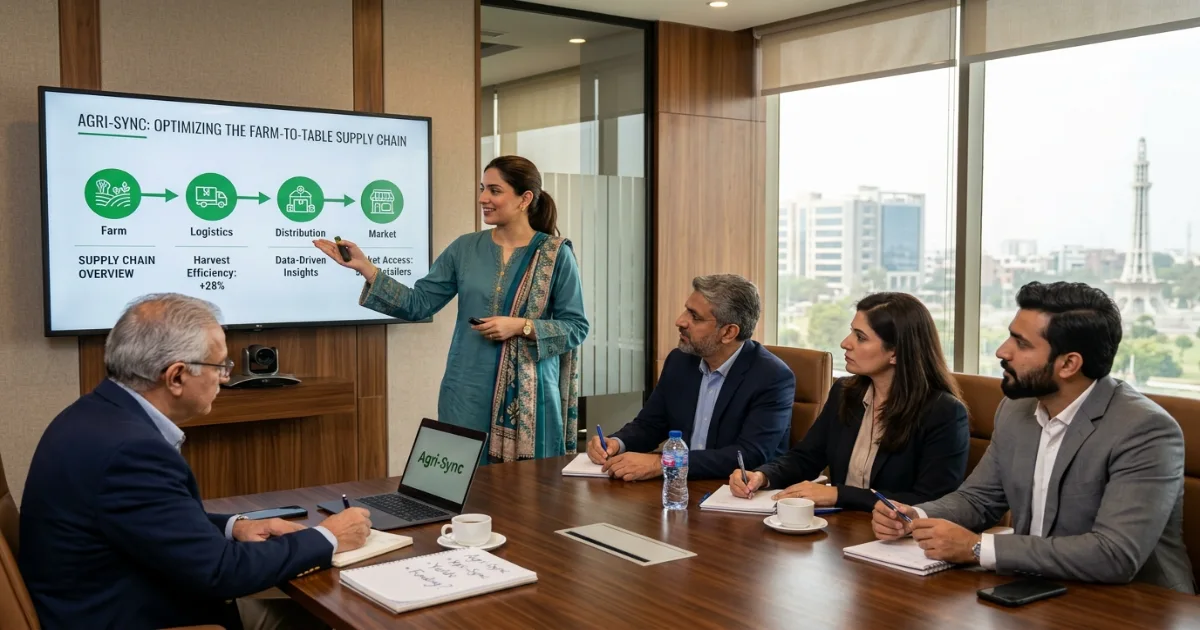 Agriculture startup founder presenting to investors in Lahore