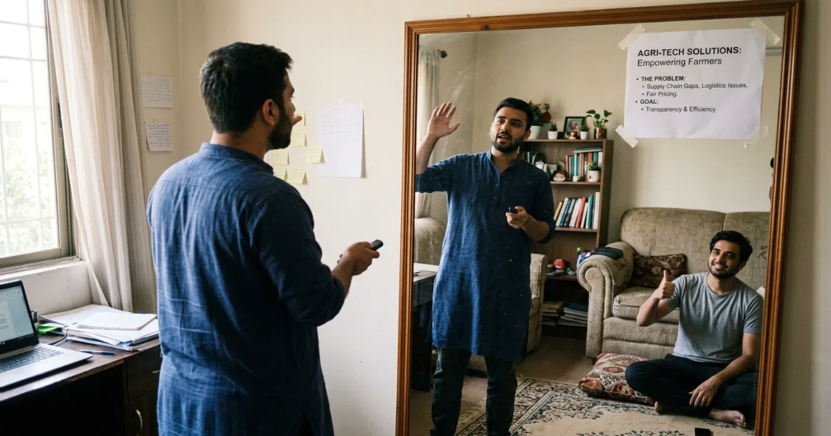 Pakistani founder rehearsing investor pitch aloud before a mirror — preparing to avoid common pitching mistakes Pakistan