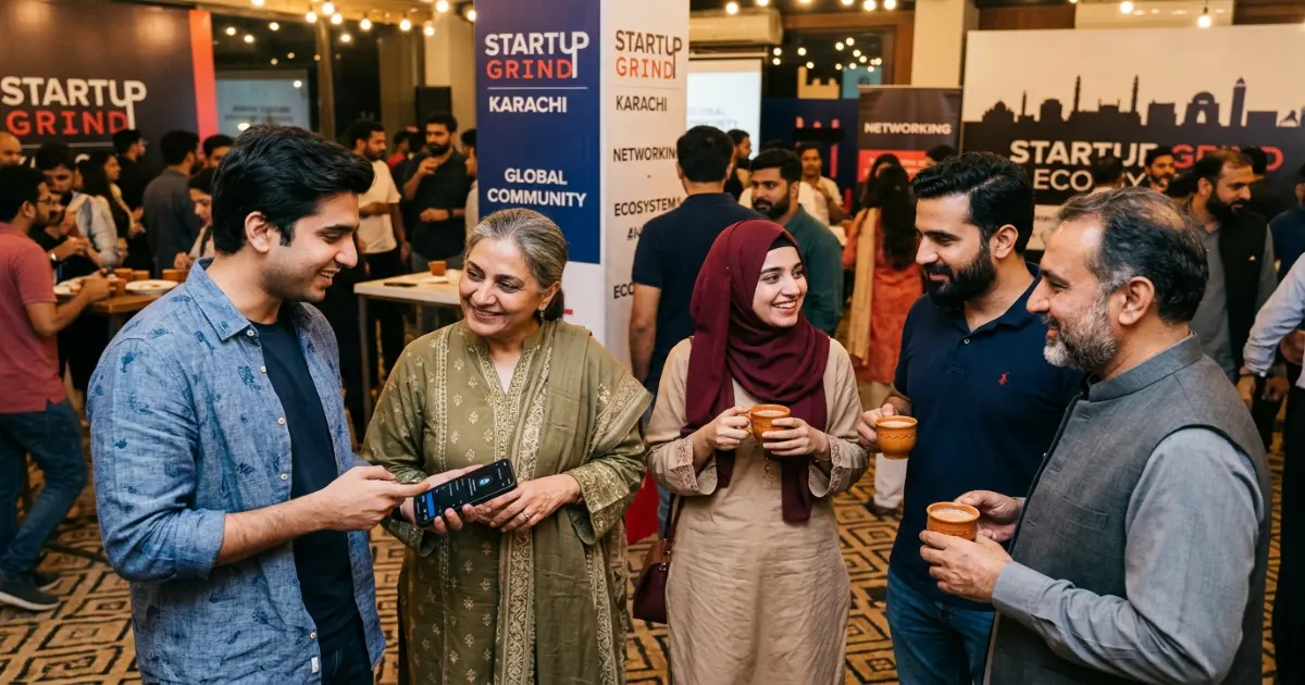 Pakistani founders networking with angel investors and mentors at a startup ecosystem event in Karachi