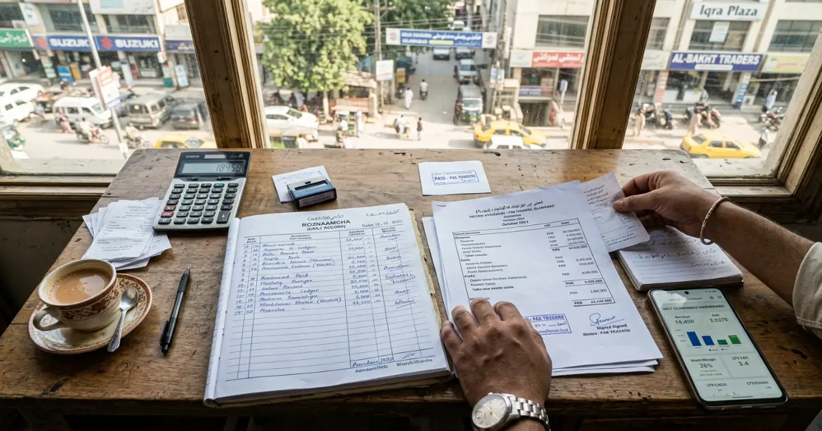 Organized financial documents and unit economics spreadsheet for a Pakistani startup preparing to pitch investors