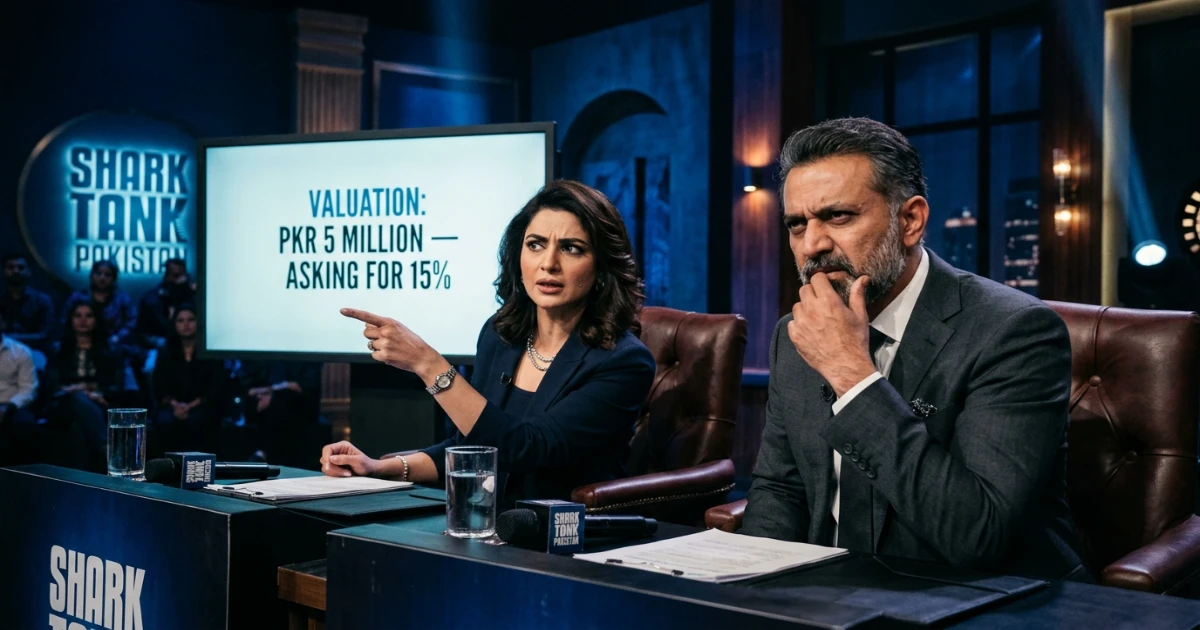 Shark Tank Pakistan judges evaluating a founder's valuation and equity ask — highlighting the transition from freelancer income to startup equity