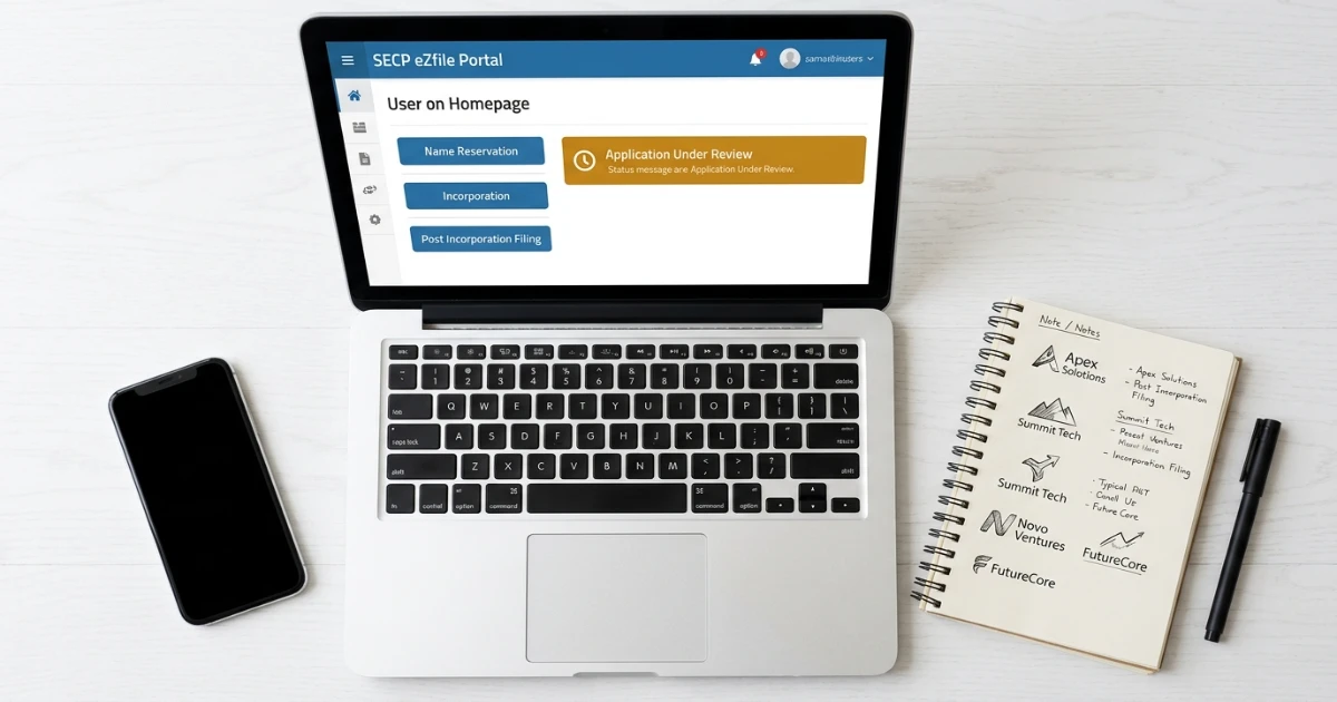 SECP eZfile portal dashboard for company registration in Pakistan