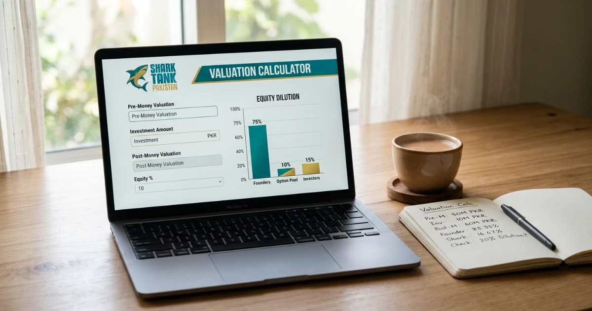 Shark Tank Pakistan valuation calculator on website showing equity split
