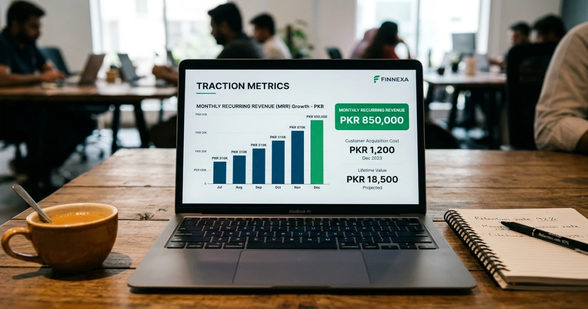 Startup pitch deck slide showing traction metrics and unit economics — essential for convincing angel investors in Pakistan