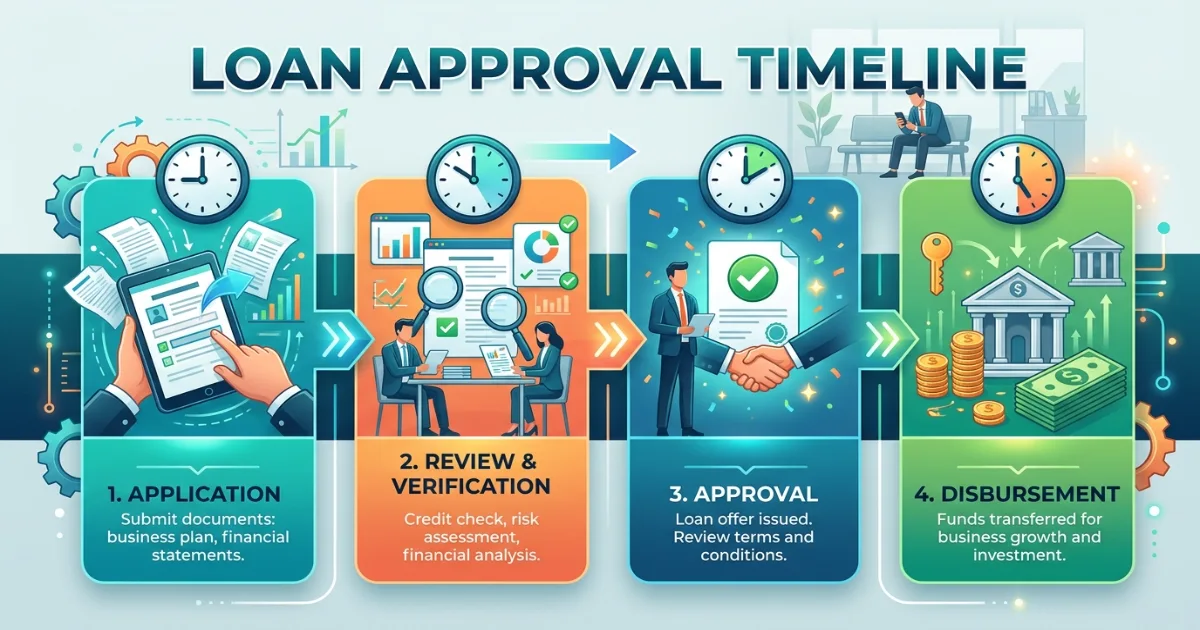 Timeline infographic showing SME loan approval stages in Pakistan