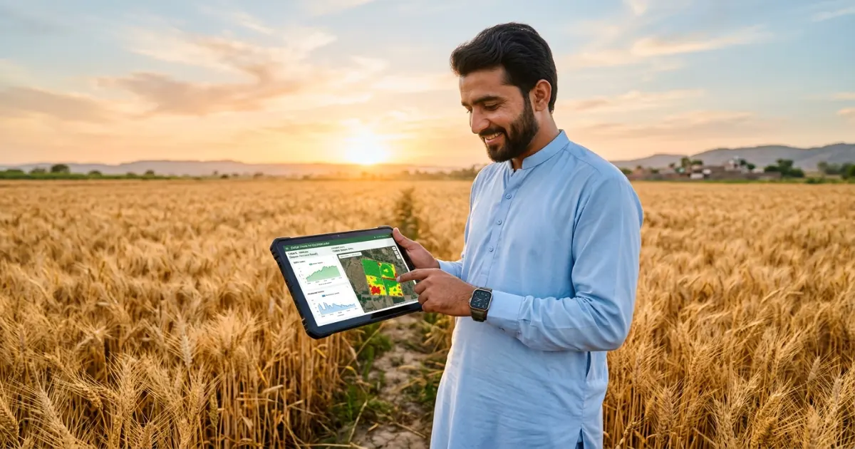 Young Pakistani agri-entrepreneur using tablet in a wheat field