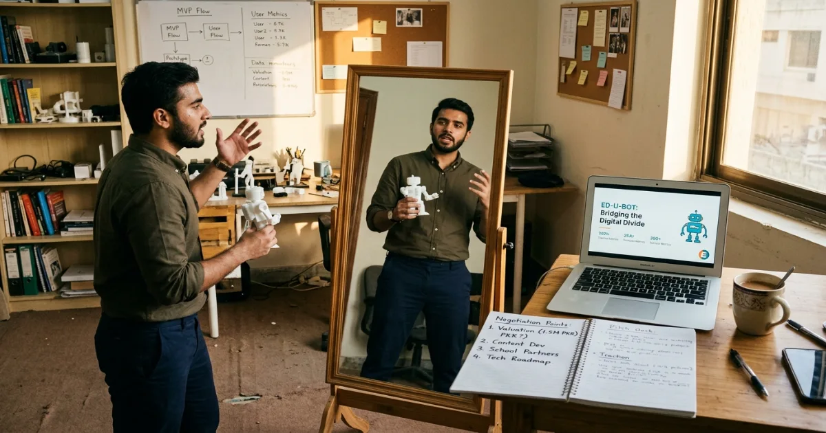 A Pakistani edtech founder rehearsing pitch with prototype in front of mirror