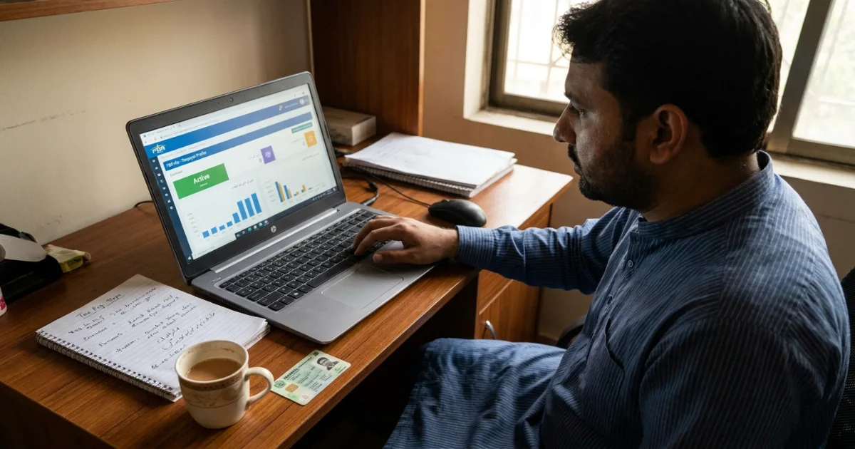 Pakistani founder reviewing startup tax Pakistan 2026 compliance on laptop with FBR portal open