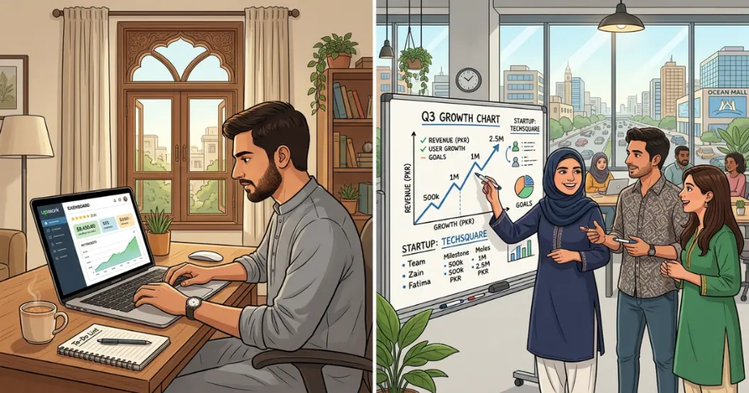 Split image showing a Pakistani freelancer on a laptop and a startup team in a meeting — illustrating the freelancing vs business Pakistan income decision