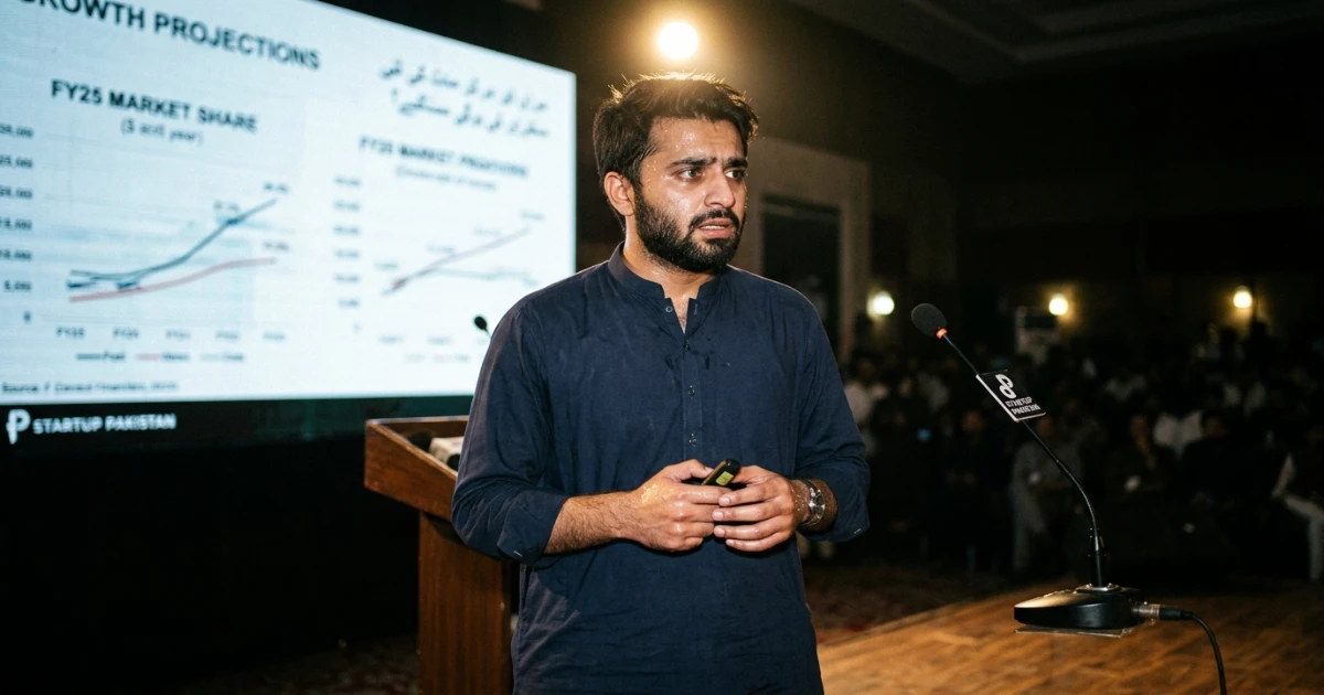 Founder pitching agri-tech solution on Shark Tank Pakistan stage