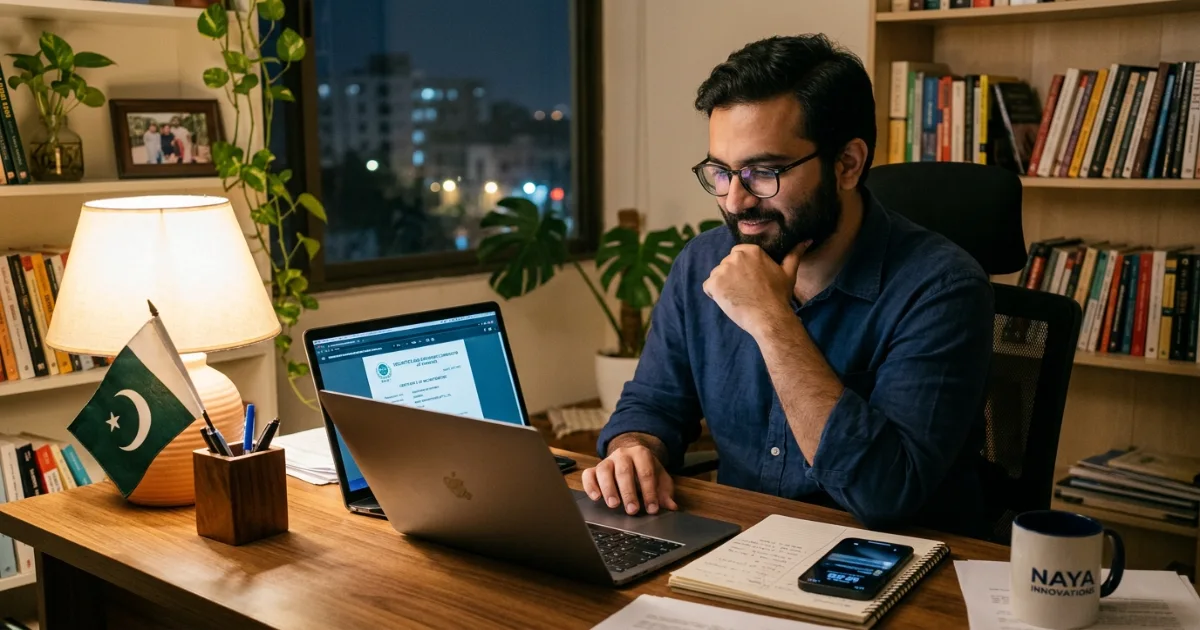Pakistani entrepreneur reviewing SECP incorporation documents on laptop