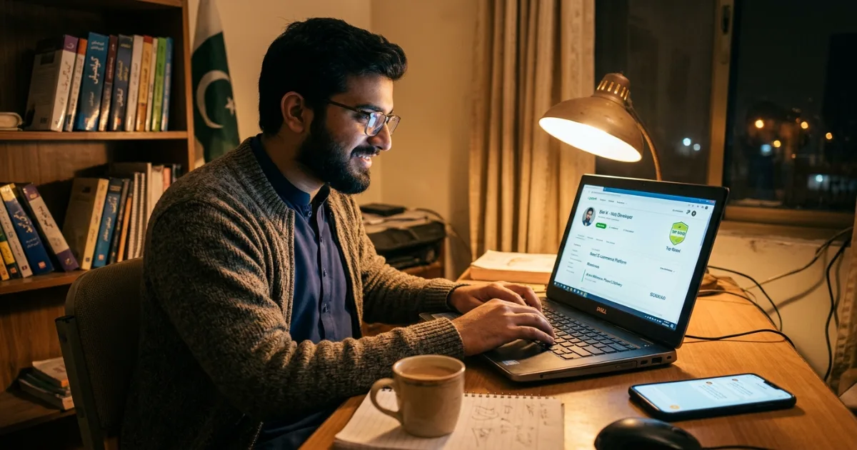 Pakistani freelancer working from a home setup with Upwork profile visible on screen — a common income source before transitioning to a startup