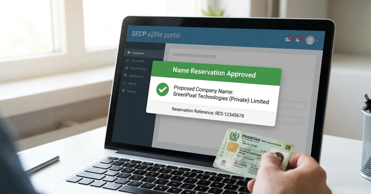 SECP name reservation approval screen showing company name availability in Pakistan
