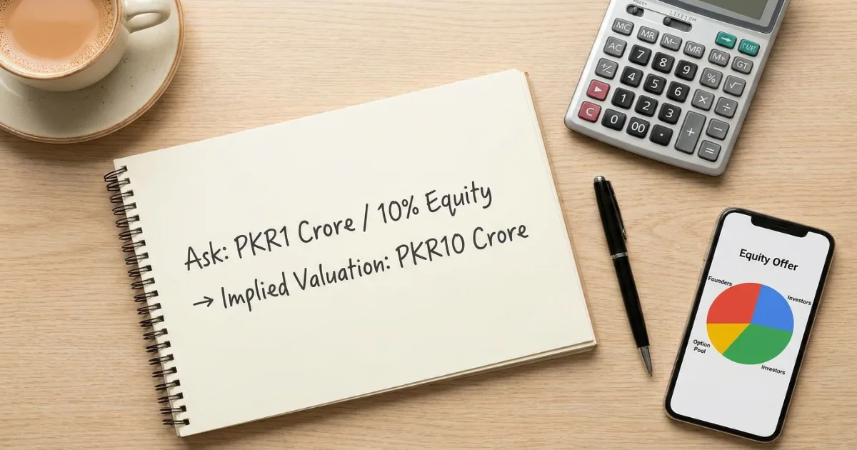 Calculator and notepad showing valuation math according to Shark Tank Pakistan pitch template