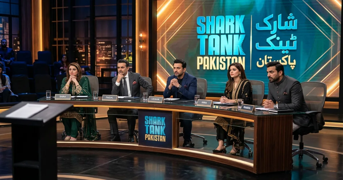 Shark Tank Pakistan Episode 1 panel of sharks sitting at the judging table