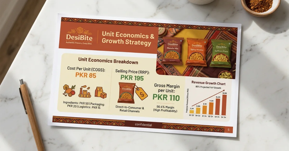 Example of a successful pitch deck for Shark Tank Pakistan from a D2C snack brand showing clear unit economics