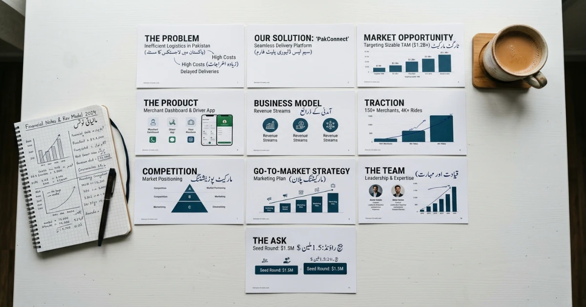 Pitch deck for Shark Tank Pakistan structure overview with slide examples