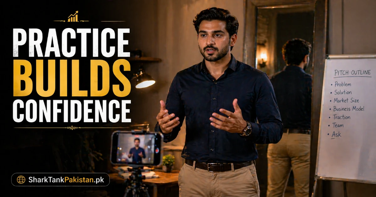 Pakistani entrepreneur rehearsing body language pitching in front of mirror for startup pitch preparation