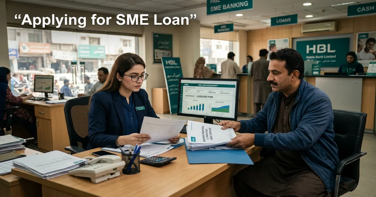 Pakistani entrepreneur submitting SME loan application at bank branch