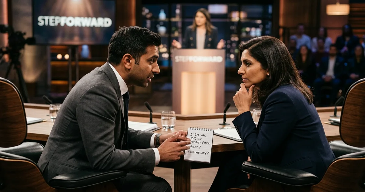 Sharks debating the StepForward valuation during Shark Tank Pakistan Episode 7