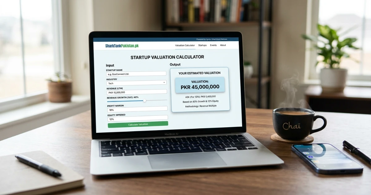 SharkTankPakistan.pk valuation calculator output showing realistic Pakistani startup valuation example