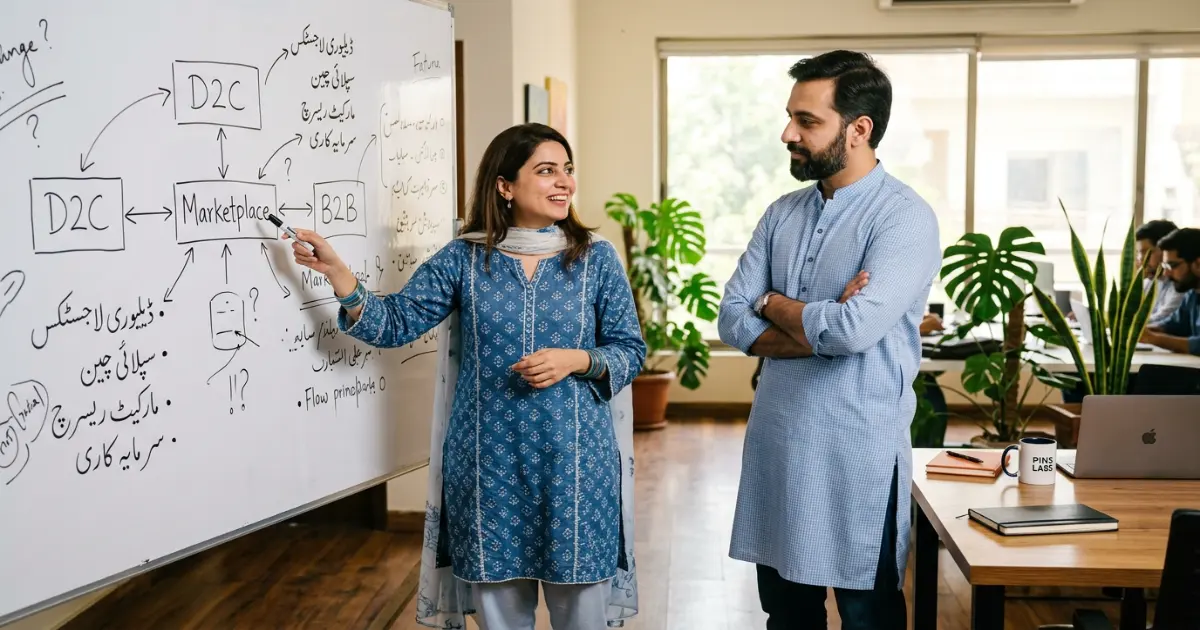 Pakistani entrepreneur reviewing e-commerce sales dashboard with charts showing growth in direct-to-consumer sales and social commerce orders