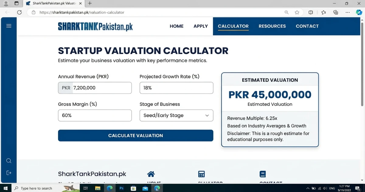 Screenshot of the SharkTankPakistan.pk valuation calculator tool showing example inputs for a Pakistani startup seeking angel investment