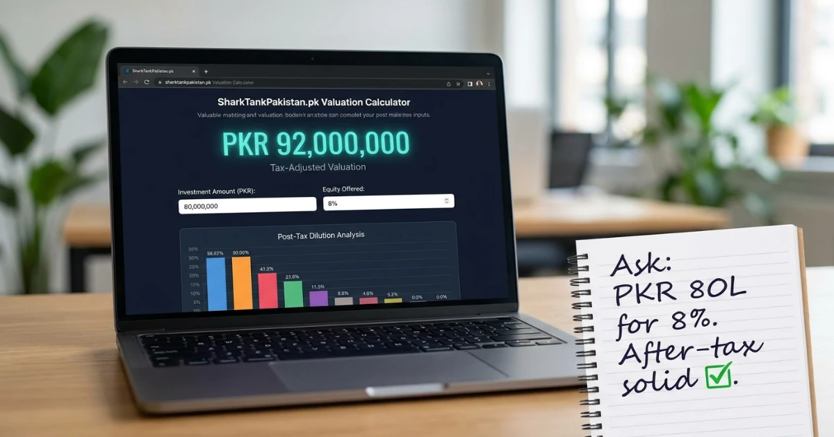 SharkTankPakistan.pk valuation calculator showing startup valuation with tax-adjusted projections for Pakistan 2026