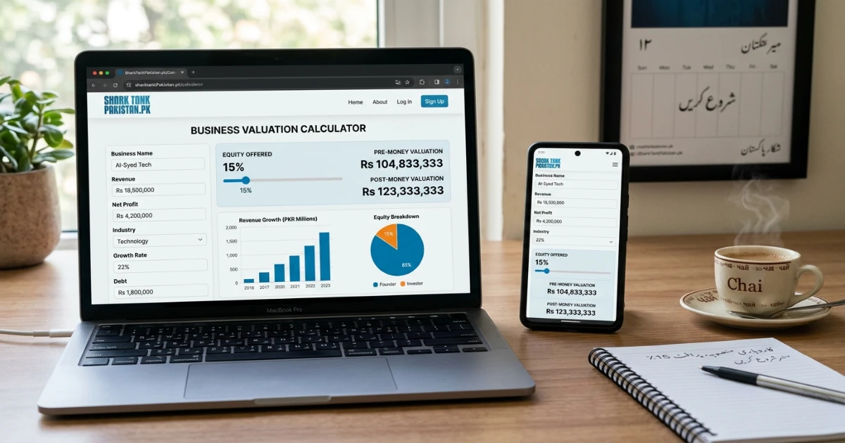 SharkTankPakistan.pk valuation calculator showing equity split and numbers for pitch preparation