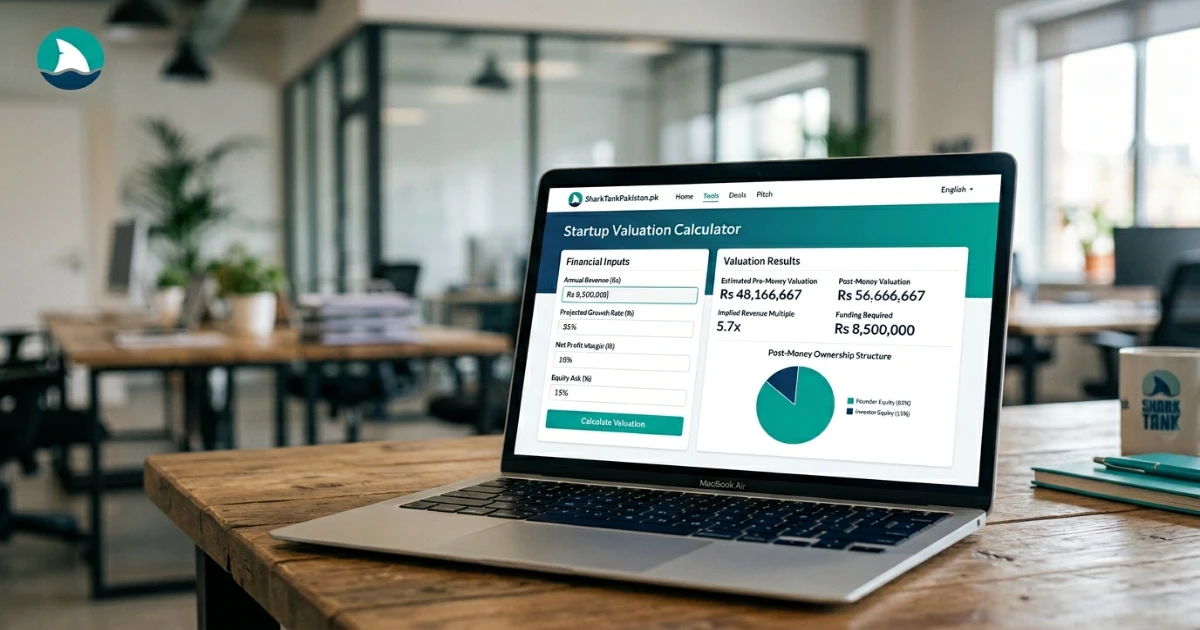 Screenshot of SharkTankPakistan.pk valuation calculator with e-commerce startup inputs showing equity calculation