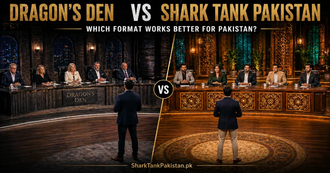 Split screen showing Dragons Den vs Shark Tank format comparison for Pakistani audience