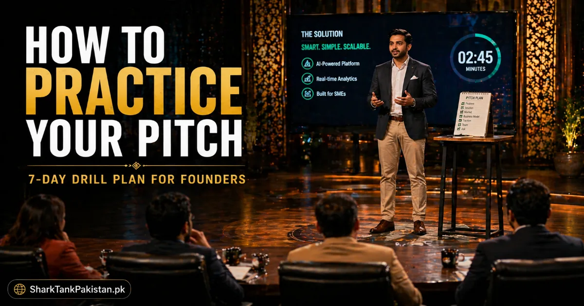 Pakistani entrepreneur using a timer and notecards to practice startup pitch in a systematic drill session