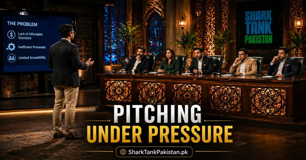 Pakistani entrepreneur pitching on Shark Tank Pakistan stage with Sharks listening intently