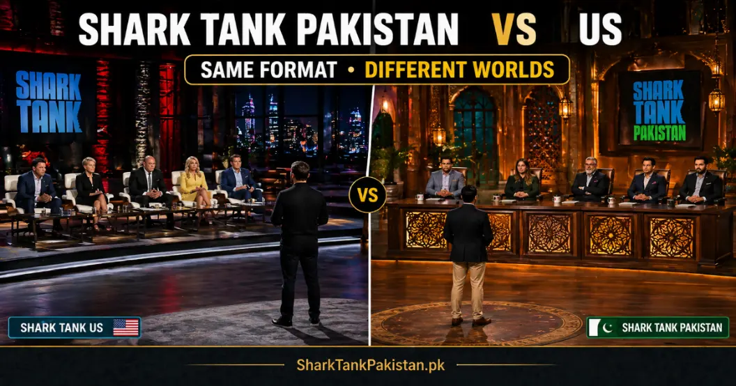 Side-by-side comparison of Shark Tank Pakistan vs US studio sets and shark panels