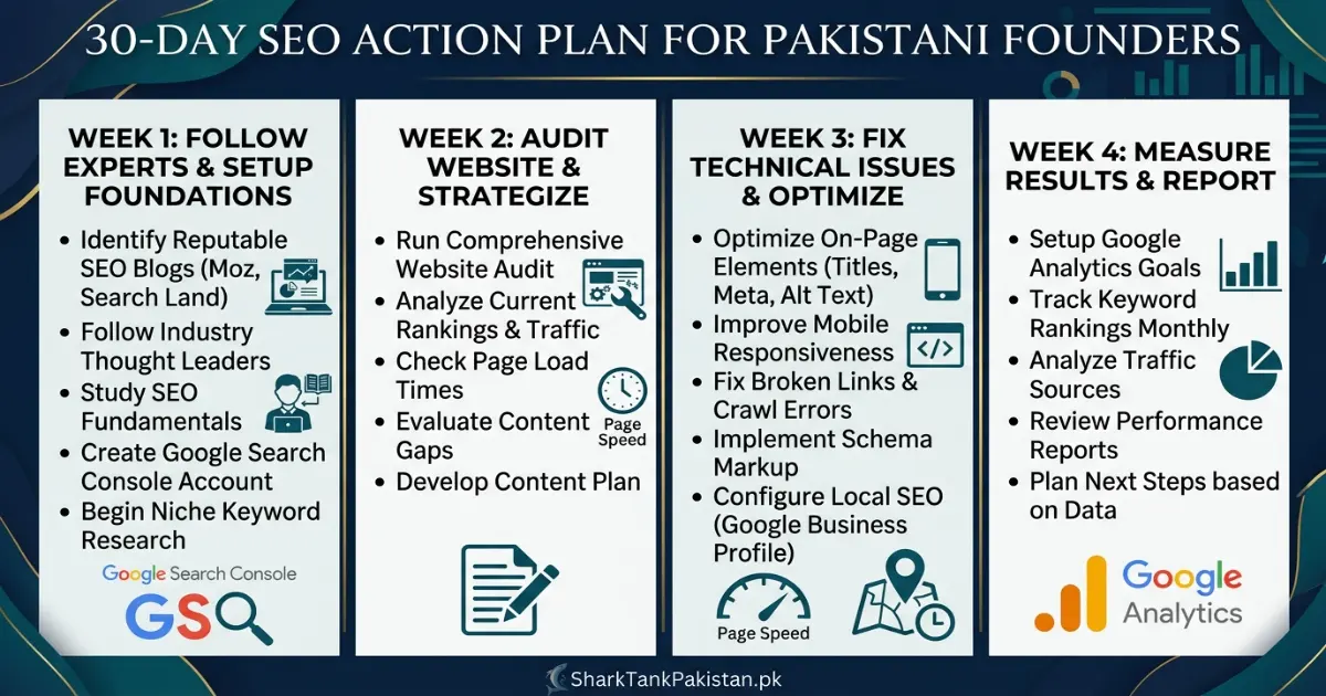 Pakistani startup founder learning SEO strategy from local experts on laptop
