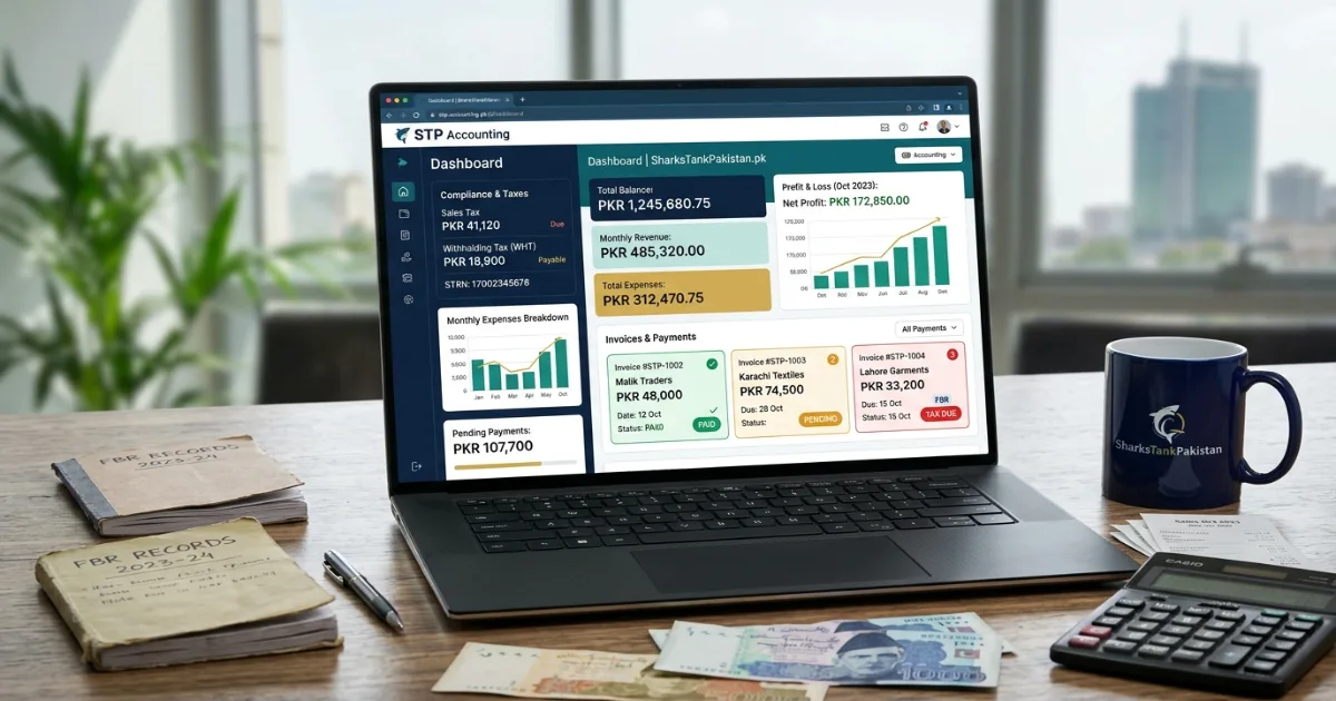 Business tools for Pakistan showing accounting dashboard with PKR currency